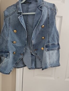 Dictionary Light Wash Denim Double-Breasted Vest with Gold Buttons